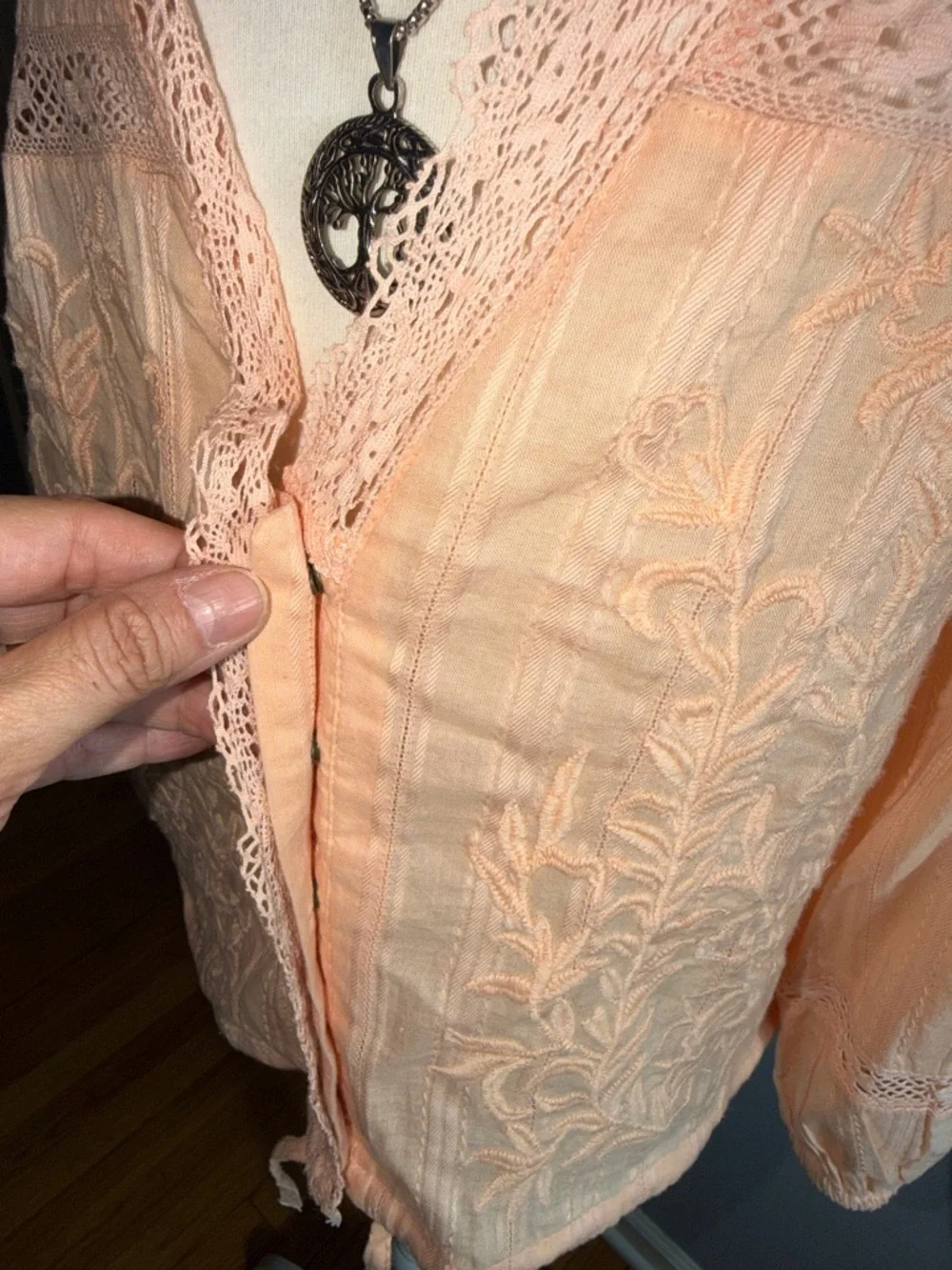 Free People Peach Lace-Trim Tie-Front Crop Top